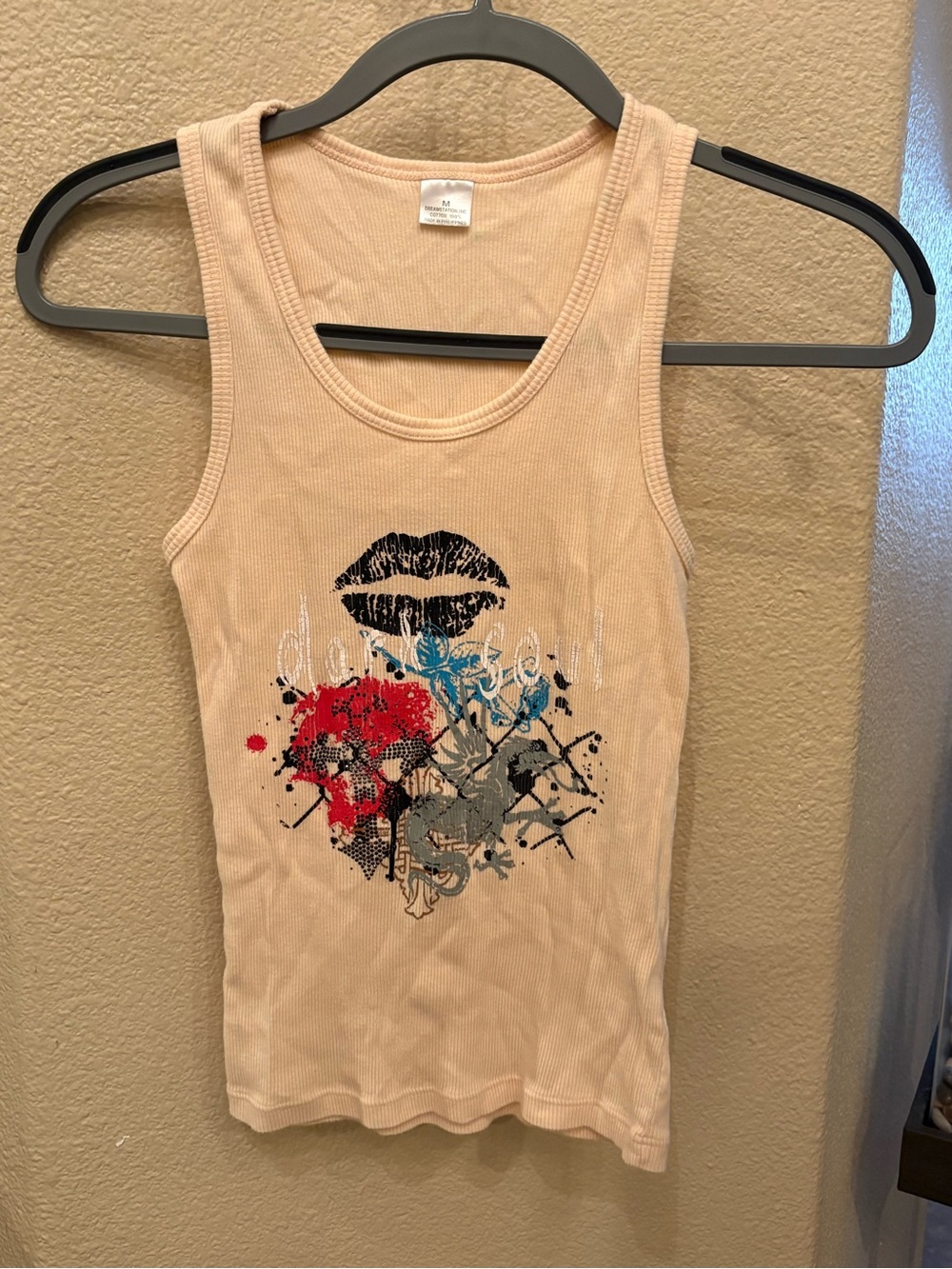 Women or teens Beige Graphic Y2K RibTank Top with Lip & Rhinestone Size Medium